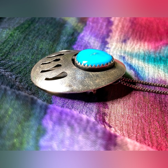 Vintage Native American Sterling Shadowbox Sleeping Beauty Turquoise Bear Paw - Picture 4 of 11